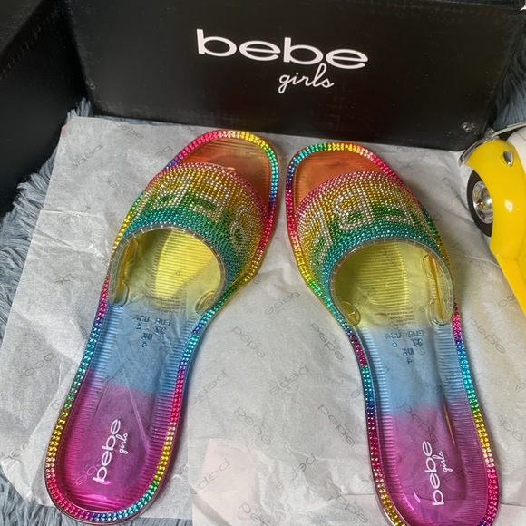 Bebe Girls’ Sandals, Rainbow Multicolor with Rhinestone Logo Strap - Picture 2 of 5